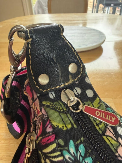 Oilily Pink and Black Floral Polka Dot Crossbody Bag with Adjustable Strap