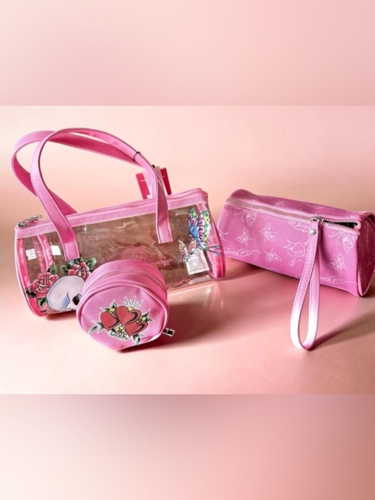 ED HARDY TRIO ft Clear & Pink Barrel Bag, Wristlet & Pouch NWT