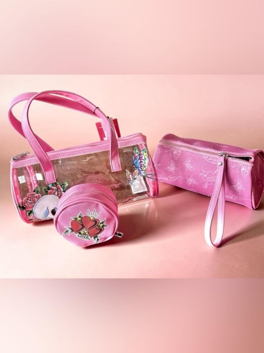 ED HARDY TRIO ft Clear & Pink Barrel Bag, Wristlet & Pouch NWT