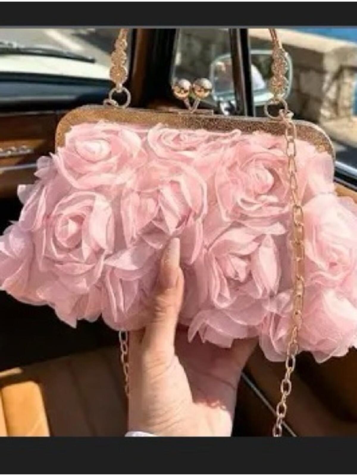 Rose Appliqué Pink Evening Clutch with Gold Chain
