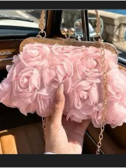 Rose Appliqué Pink Evening Clutch with Gold Chain