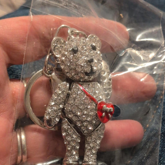 Crystal Bear Keychain Bag Charm Red Heart Gold Tone