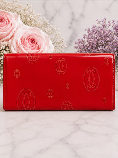 Vintage Cartier Happy BdayRed Patent Leather Flap Long Wallet Monogram C Charm