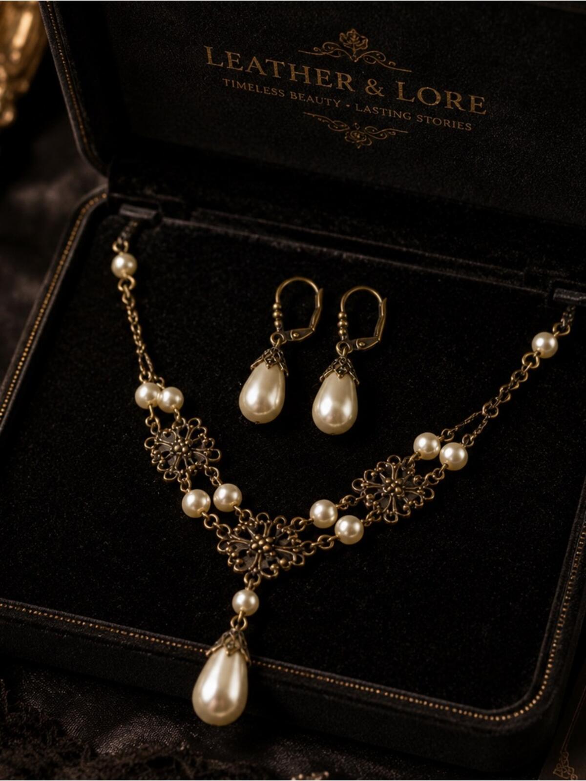 Vintage Victorian Pearl Necklace & Earrings Set • Antique Bronze Filigree