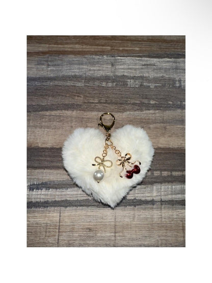White Faux Fur Heart Keychain Charm with Bow and Cherry Accents