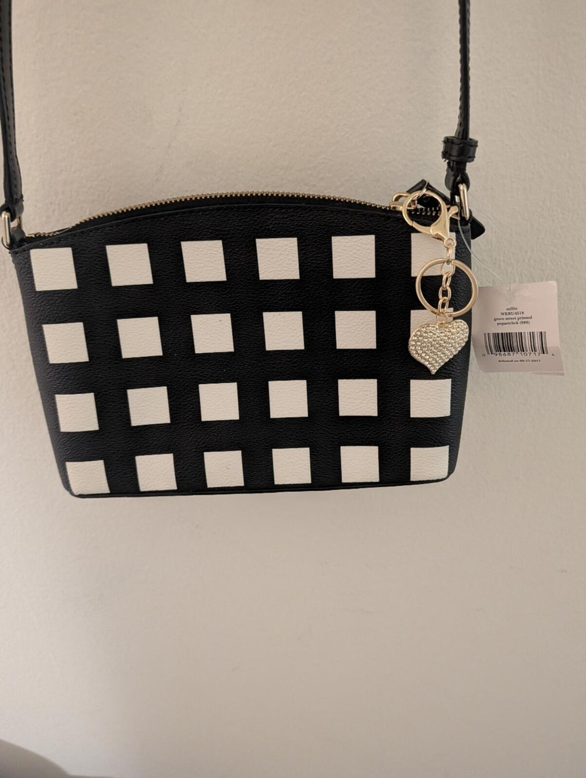 Kate Spade Black Millie White Checkered Crossbody Bag Heart Charm NWOT