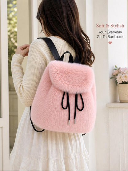 Blush Pink Faux Fur Backpack | Soft Plush Mini Bag | Trendy Drawstring Purse