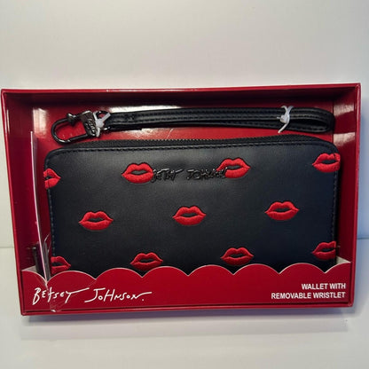 Betsey Johnson Lip Wallet Wristlet Black Red Kiss NWT