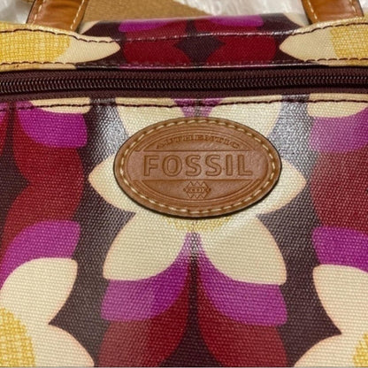 Fossil Key-Per Floral Canvas Crossbody Satchel Leather Trim Retro