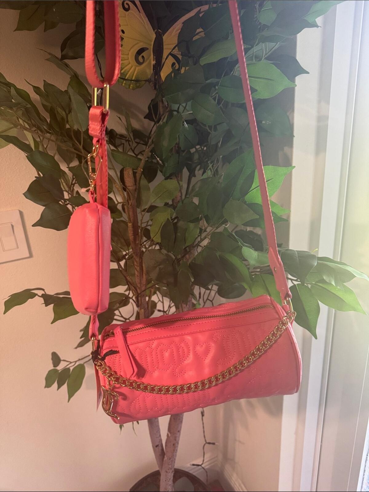 Juicy Couture Pink Quilted Barrel Crossbody Bag with Gold Chain Accent
