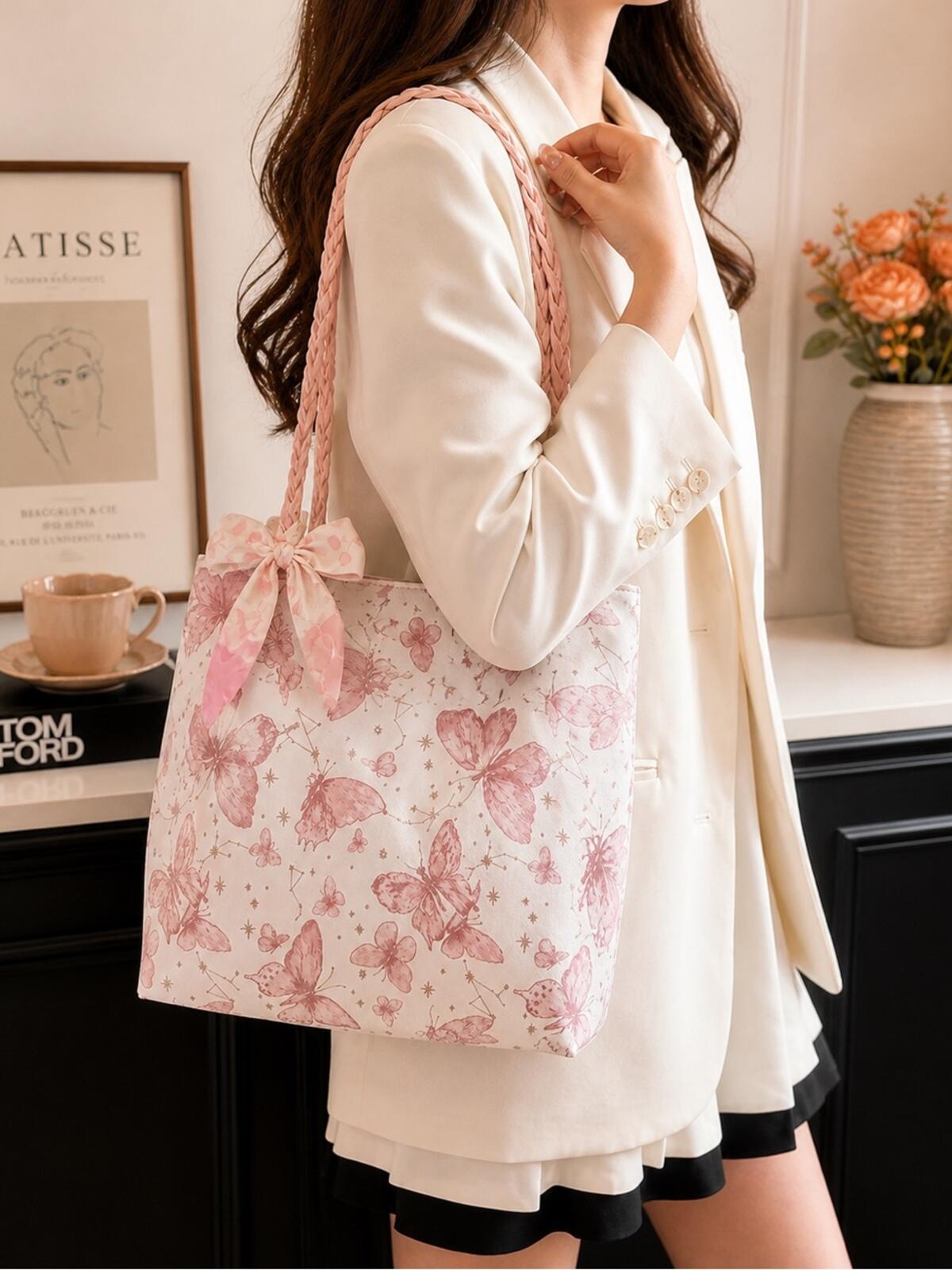 Pink Butterfly Print Lightweight Tote Bag with Zip Pocket - Feminine Everyday