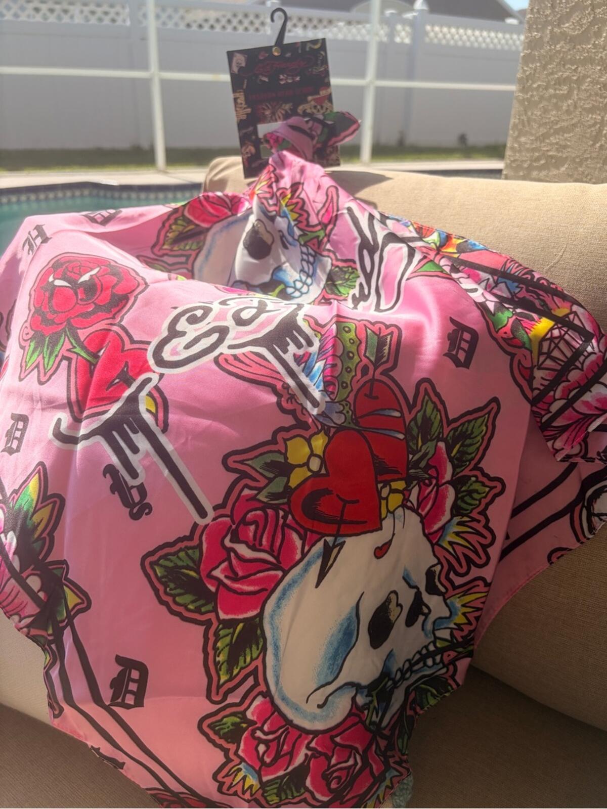 NWT Ed Hardy Pink Skull Roses Satin Scarf Tattoo Print Square Large