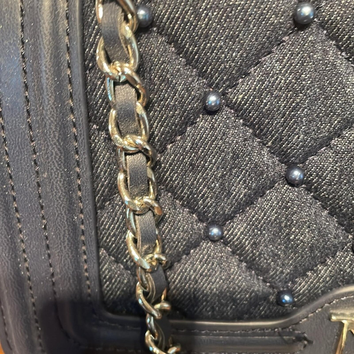 Badgley Mischka Blue Quilted Crossbody Bag with Pearl Accents and Silver Chain