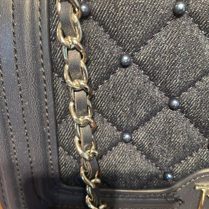 Badgley Mischka Blue Quilted Crossbody Bag with Pearl Accents and Silver Chain
