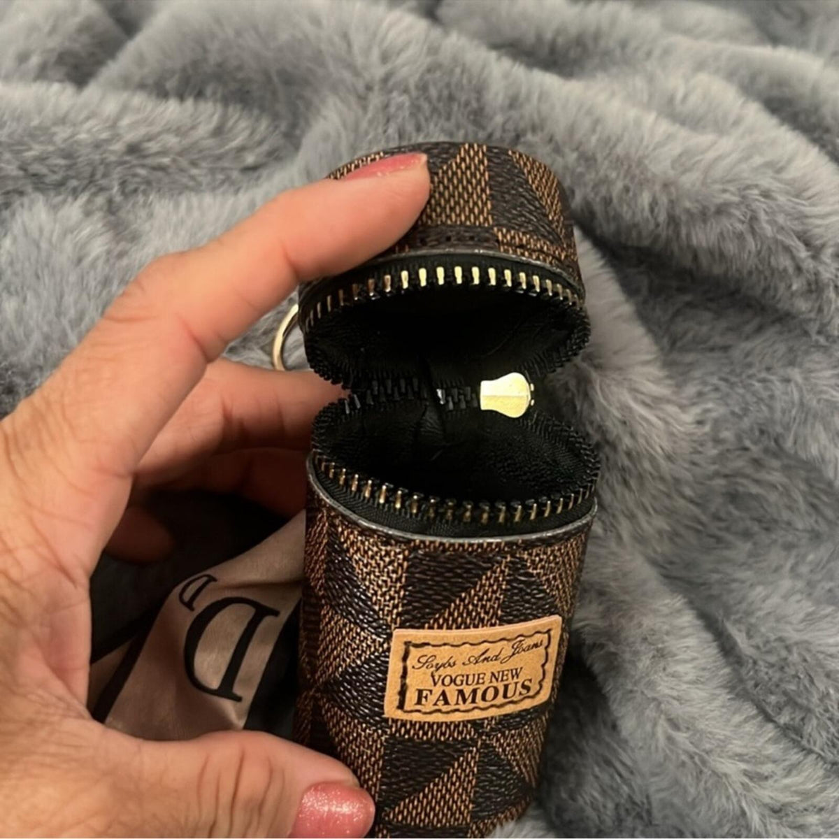Brown and Black Cylindrical Mini Zipper Pouch Keychain Charm with Scarf nwot