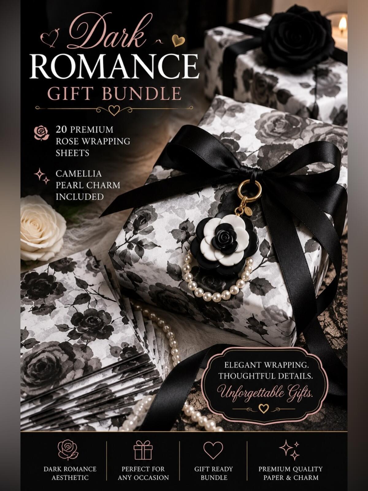 Dark Romance Gift Wrap Bundle 20 Rose Sheets Purse Charm Keychain