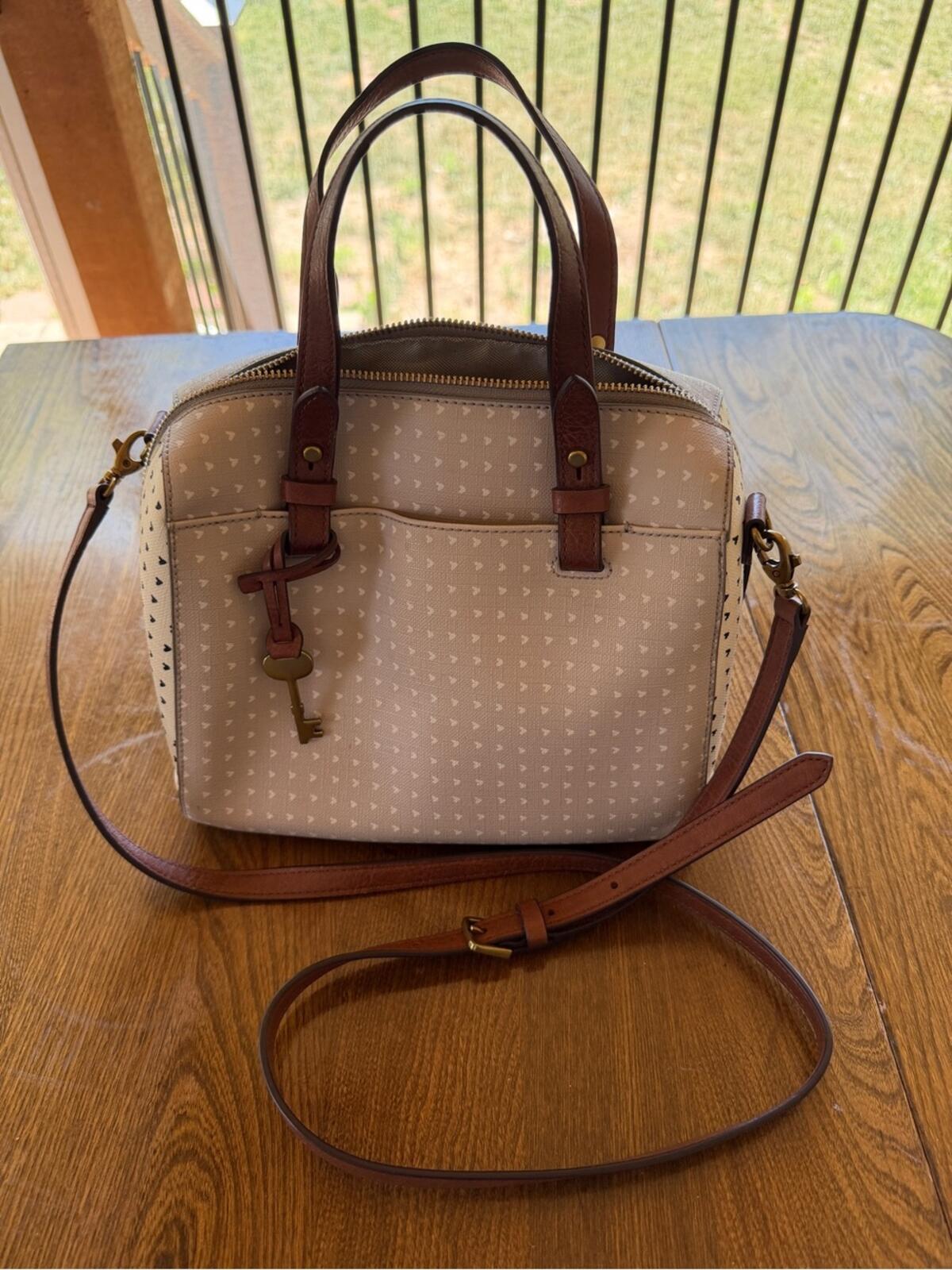 Fossil Rachel Satchel Cream Crossbody Leather Key Purse