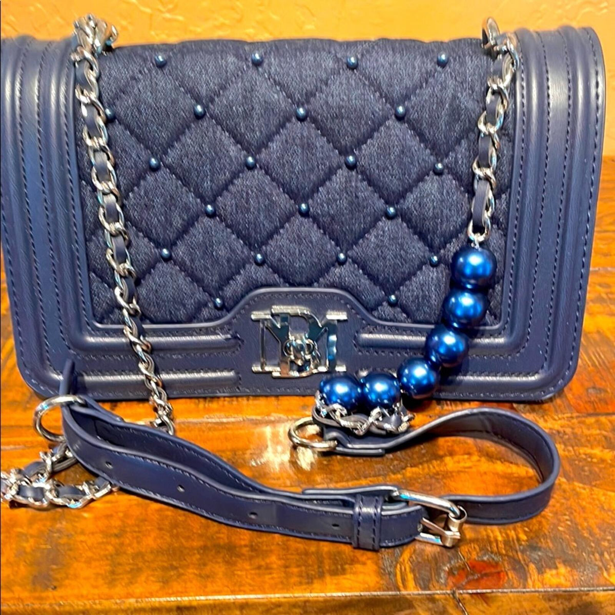 Badgley Mischka Blue Quilted Crossbody Bag with Pearl Accents and Silver Chain