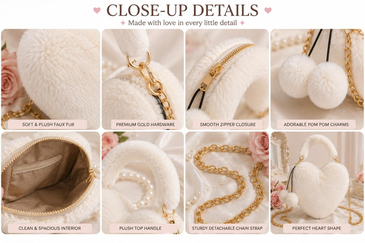 Coquette Heart-Shaped Faux Fur Plush Crossbody Bag with Pom Pom Charms - Cream &