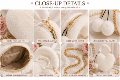 Coquette Heart-Shaped Faux Fur Plush Crossbody Bag with Pom Pom Charms - Cream &