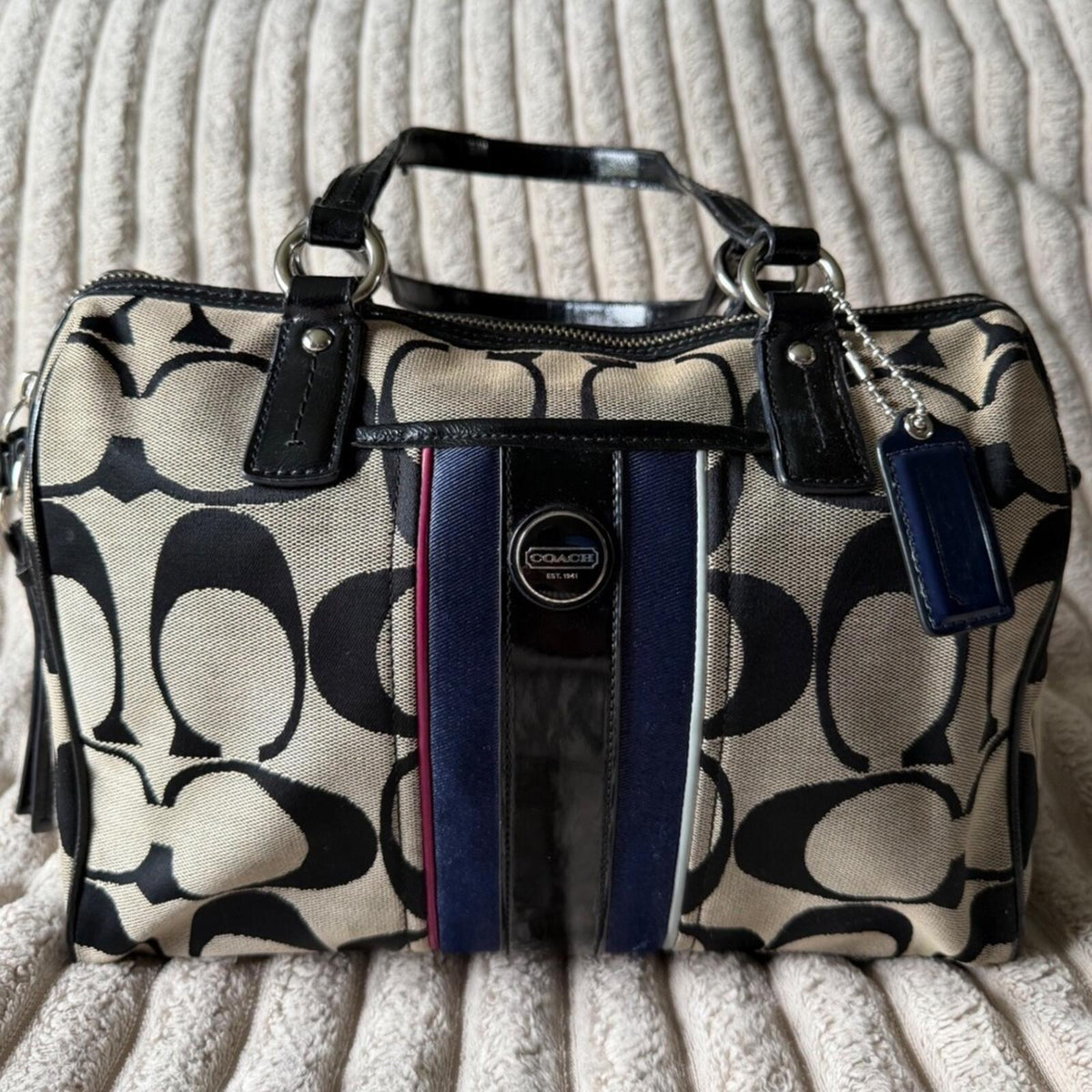Coach Signature Stripe Satchel Bag Black Khaki Canvas Patent Leather F25526