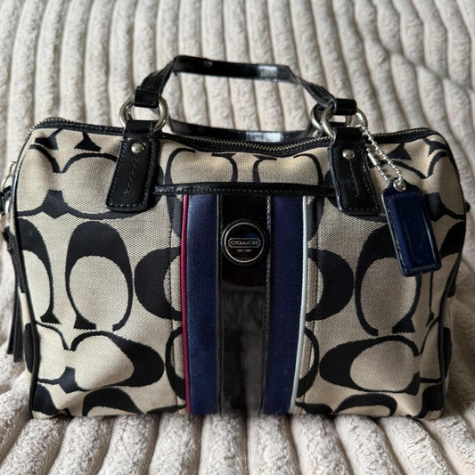 Coach Signature Stripe Satchel Bag Black Khaki Canvas Patent Leather F25526
