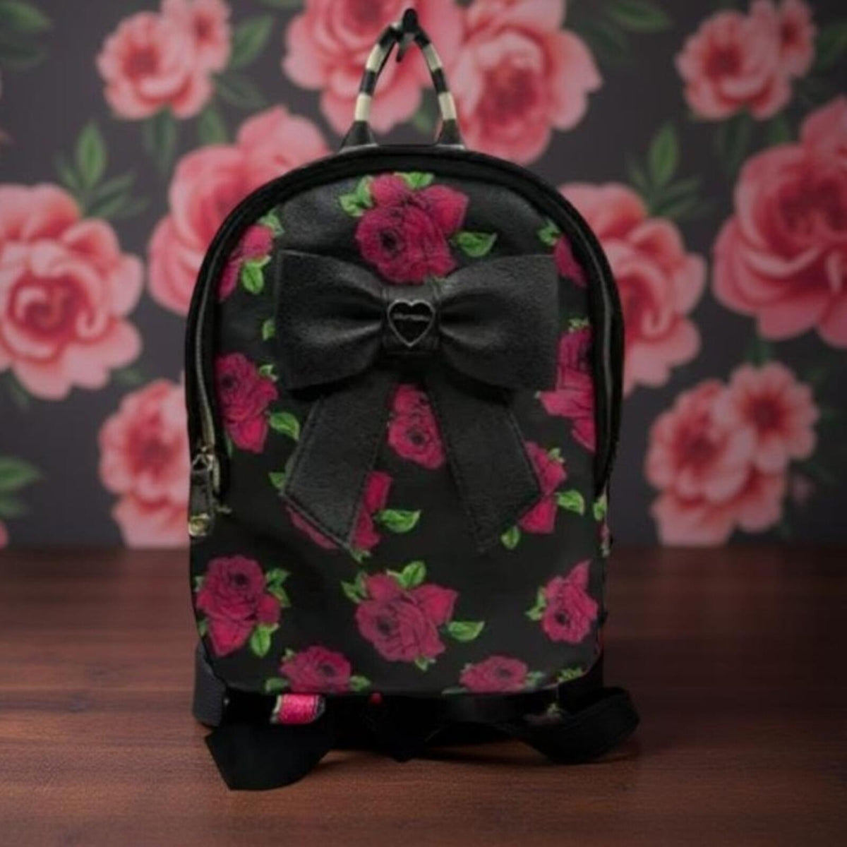 BETSEY JOHNSON hot pink & black moody dark rose FLORAL BACKPACK adorable.❤️