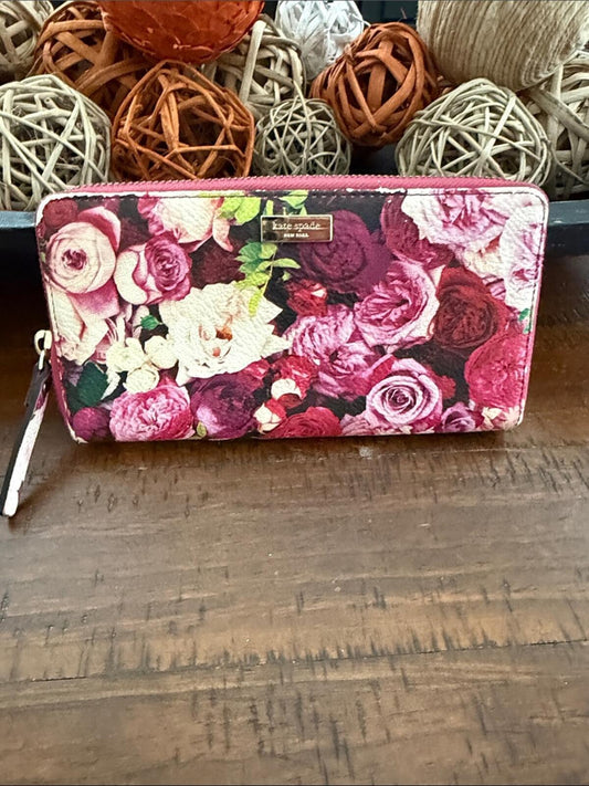 Kate Spade Floral Zip Around Wallet Wristlet Pink Rose