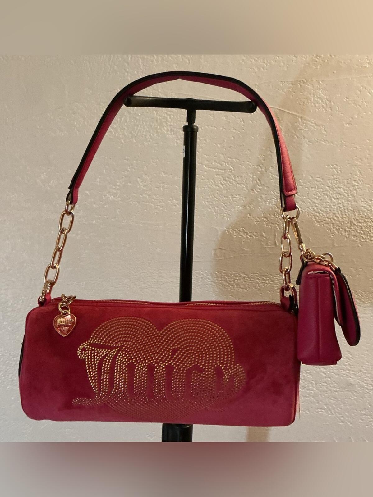 Juicy Couture Raspberry Pink Shoulder Bag with Heart Charm and Pouch - New