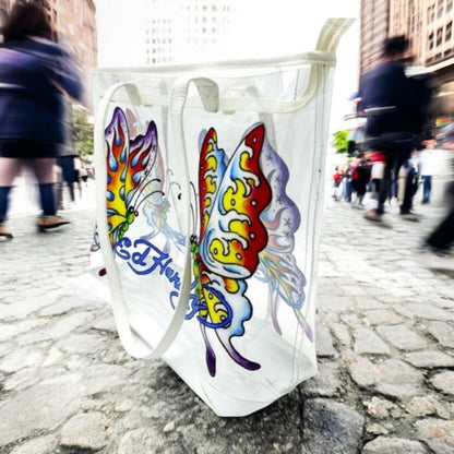 Ed Hardy Clear Butterfly Tote Bag PVC Cream Trim Stadium Bag NWT