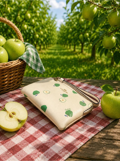 Coach Cream Apple Print Zip Wristlet Wallet