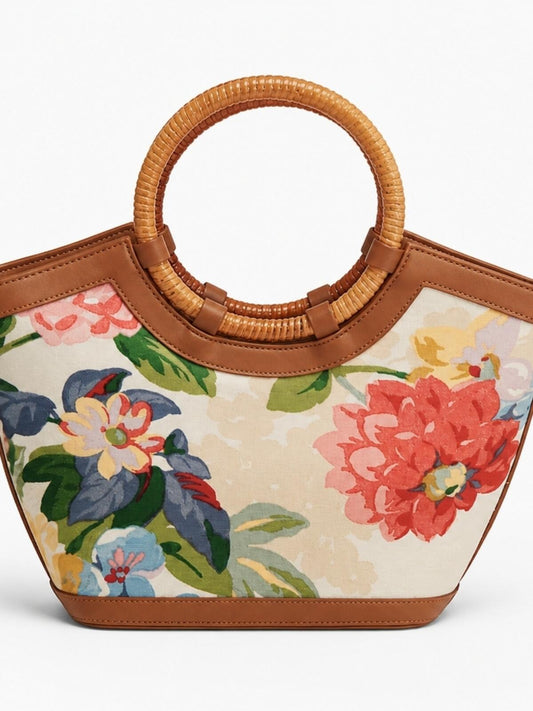 Fossil Floral Canvas Tote Bag Bamboo Handles Leather Trim
