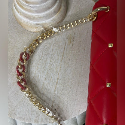 Badgley Mischka Red Quilted Crossbody Bag Gold Studs Chain Strap NWT