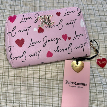 Exclusive Juicy Couture Pink Heart Print Zip Wallet with Gold Logo Charm