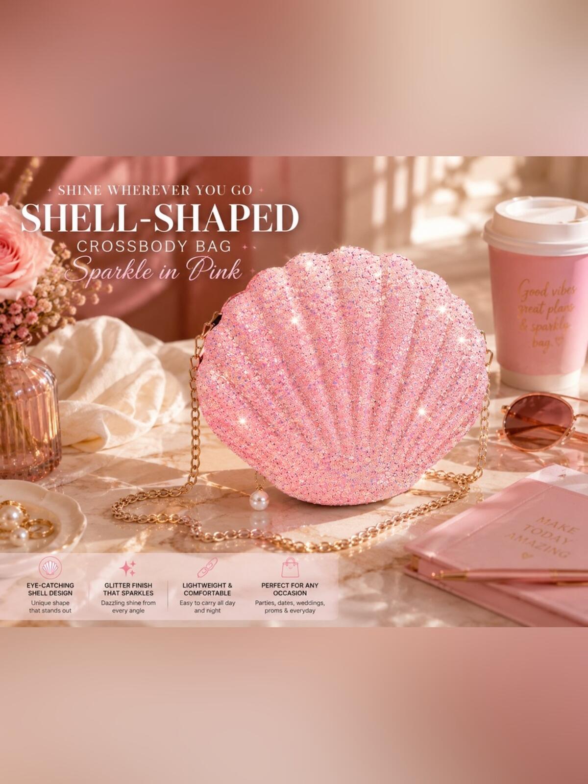 Pink Glitter Shell Crossbody Bag Mermaidcore Coquette Wedding Glam Purse