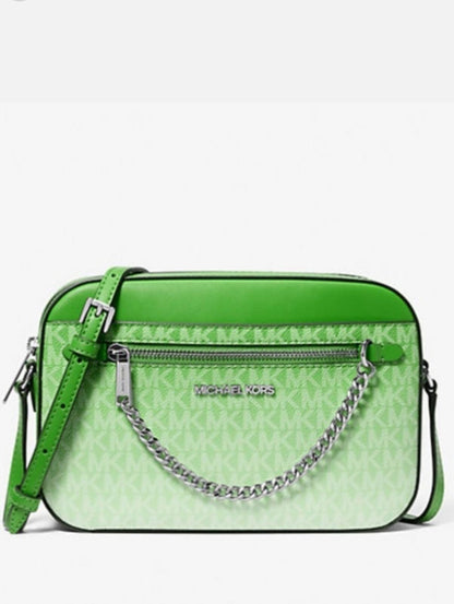 Michael Kors Green Monogram Crossbody Camera Bag with Silver Chain