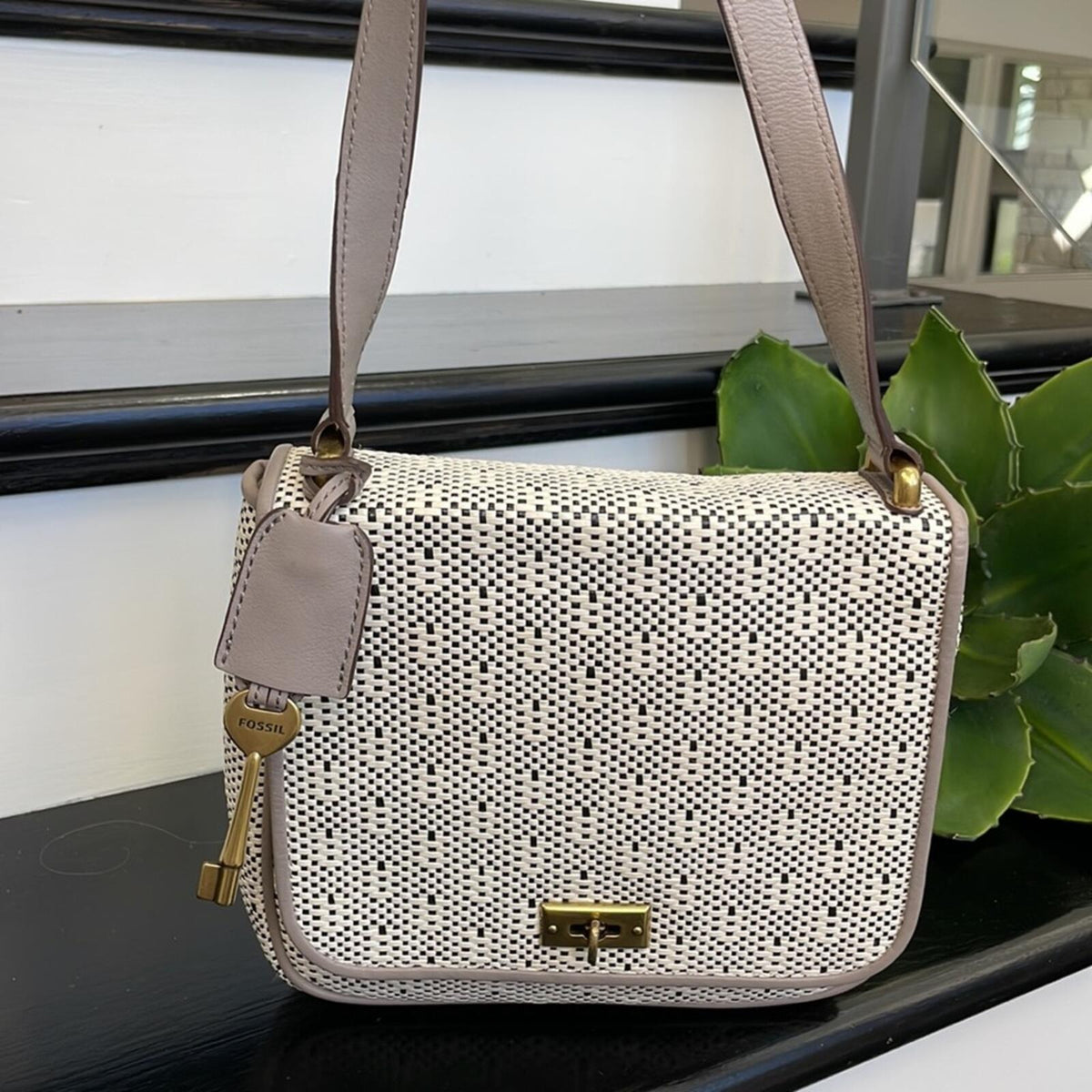 Fossil Canvas Leather Crossbody Satchel Key Charm Cream Tan