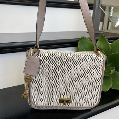 Fossil Canvas Leather Crossbody Satchel Key Charm Cream Tan