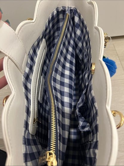 Betsey Johnson Blue Polka Dot and Stripe Scalloped Tote Bag with Pom Pom Charm