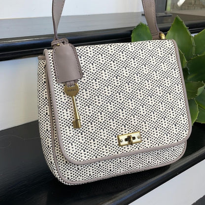 Fossil Canvas Leather Crossbody Satchel Key Charm Cream Tan