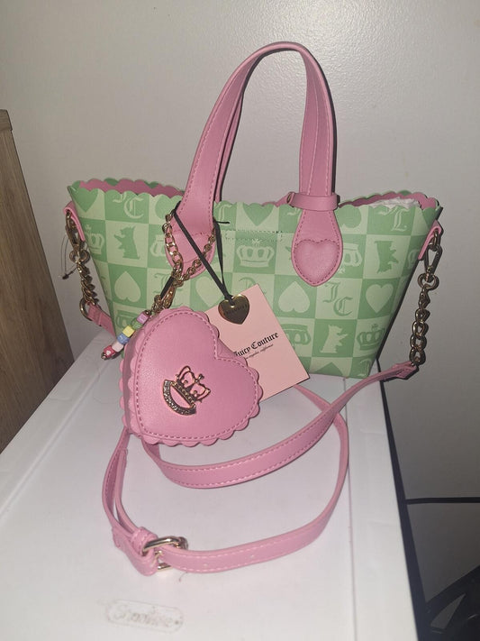 Juicy Couture Sweet Break Time Green Pink Checkerboard Tote Heart Charm