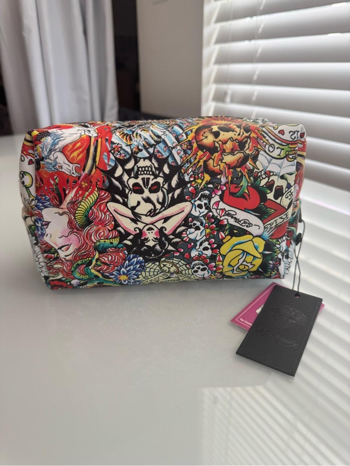 Ed Hardy Multicolor Tattoo Print Zipper Pouch Cosmetic Travel Bag