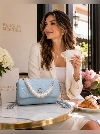 Studio Badgley Mischka Light Blue Vegan Leather Quilted Shoulder Bag with Pearl-