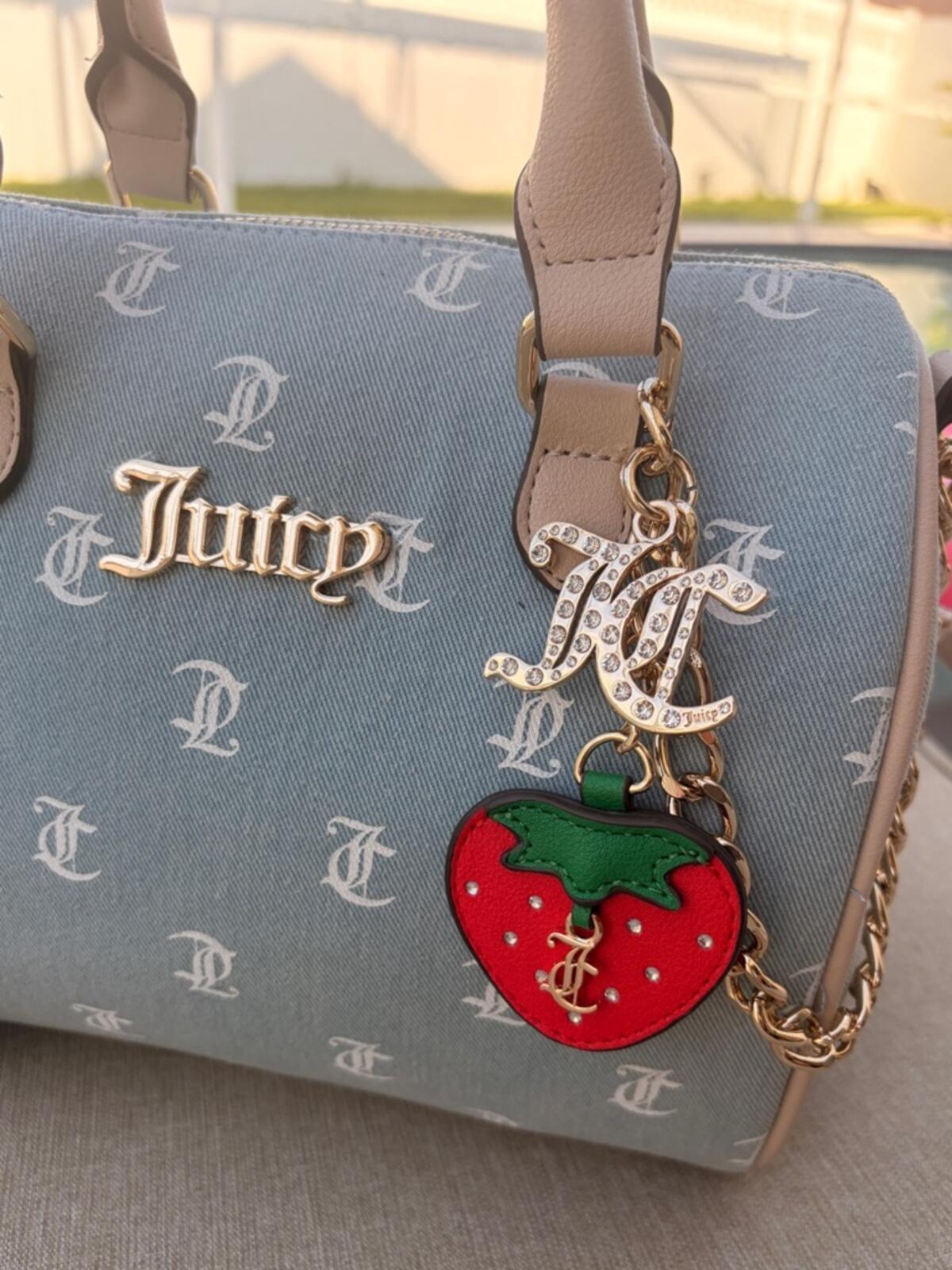Juicy Couture Blue Monogram Satchel Handbag with Strawberry Charm