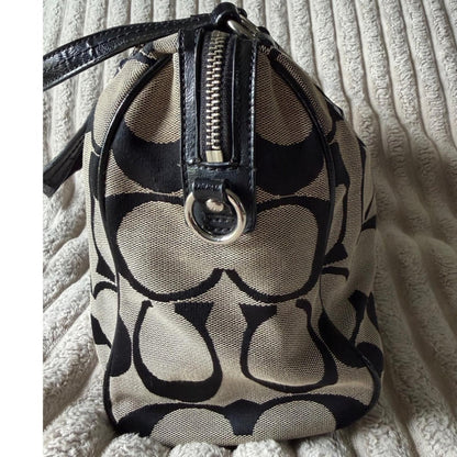 Coach Signature Stripe Satchel Bag Black Khaki Canvas Patent Leather F25526