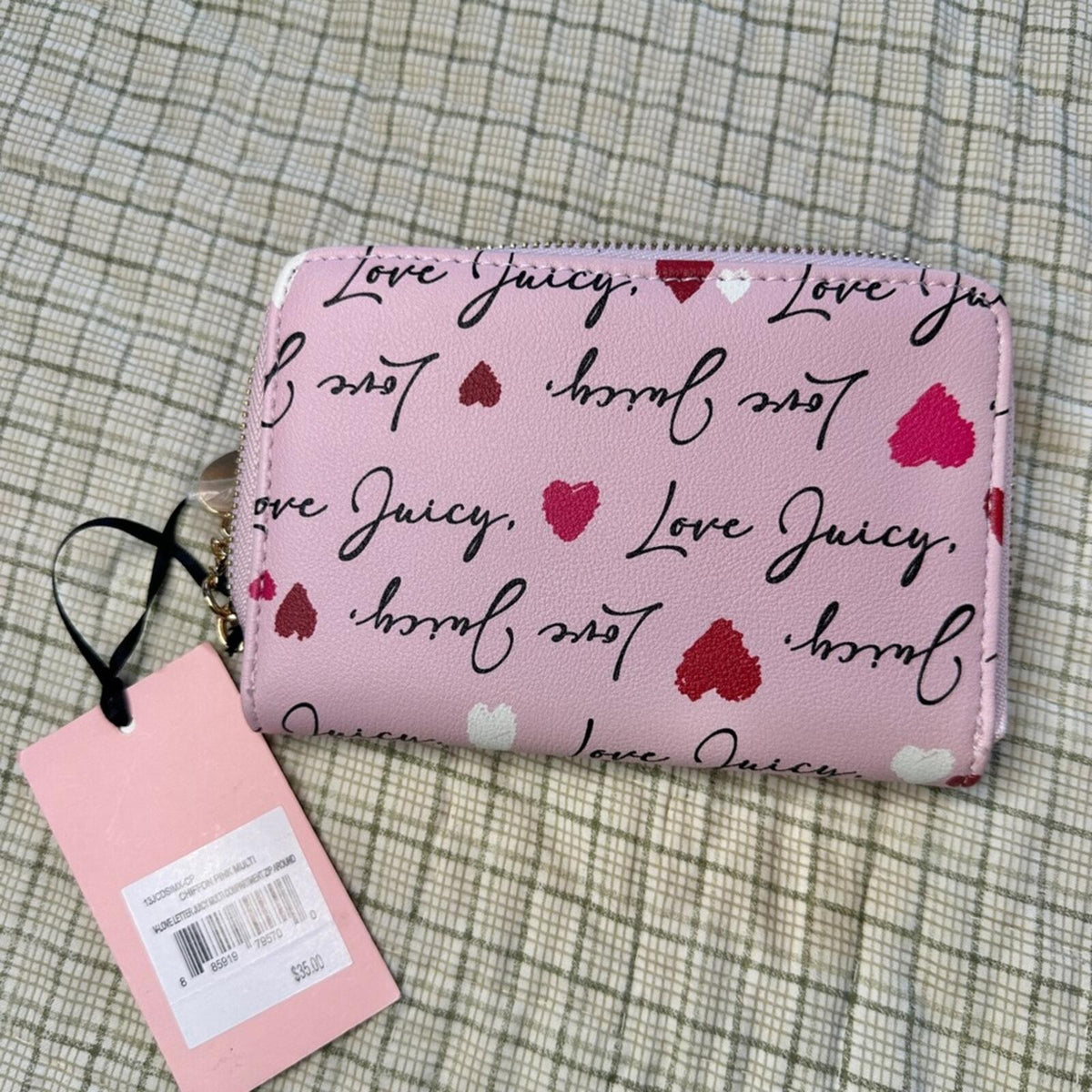 Exclusive Juicy Couture Pink Heart Print Zip Wallet with Gold Logo Charm