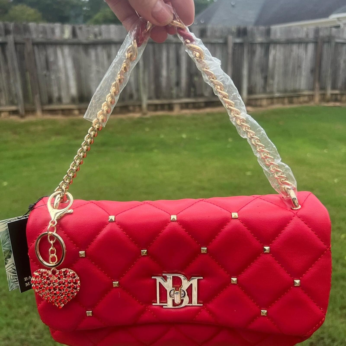 Badgley Mischka Red Quilted Crossbody Bag Gold Studs Chain Strap NWT