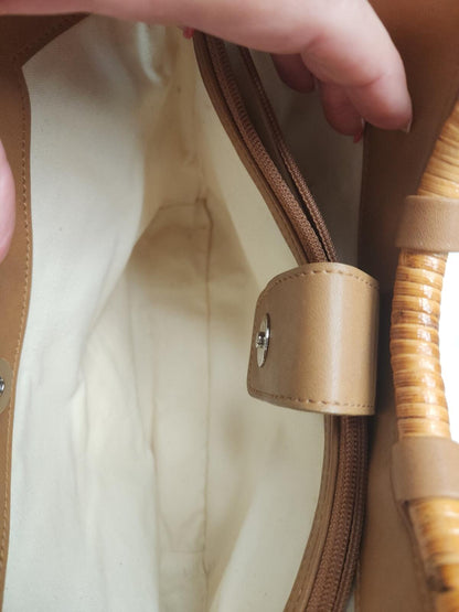 Fossil Floral Canvas Tote Bag Bamboo Handles Leather Trim