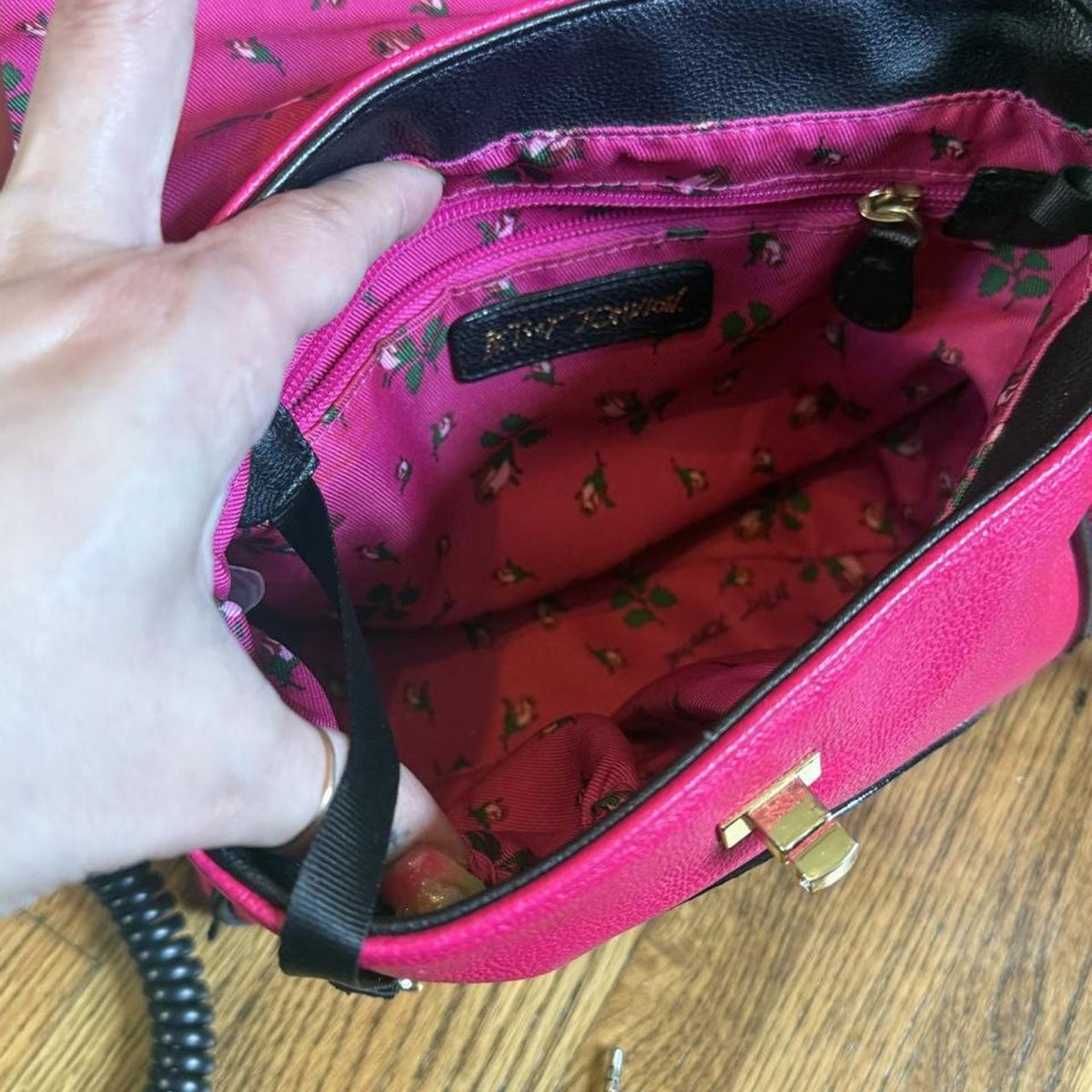 Betsey Johnson Vintage Pink Phone Purse with Black Strap - Y2K Style