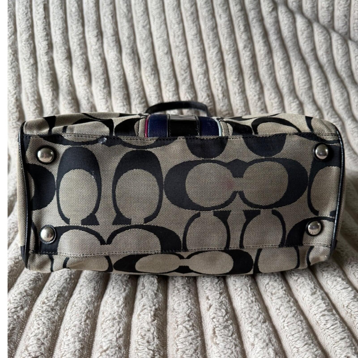 Coach Signature Stripe Satchel Bag Black Khaki Canvas Patent Leather F25526